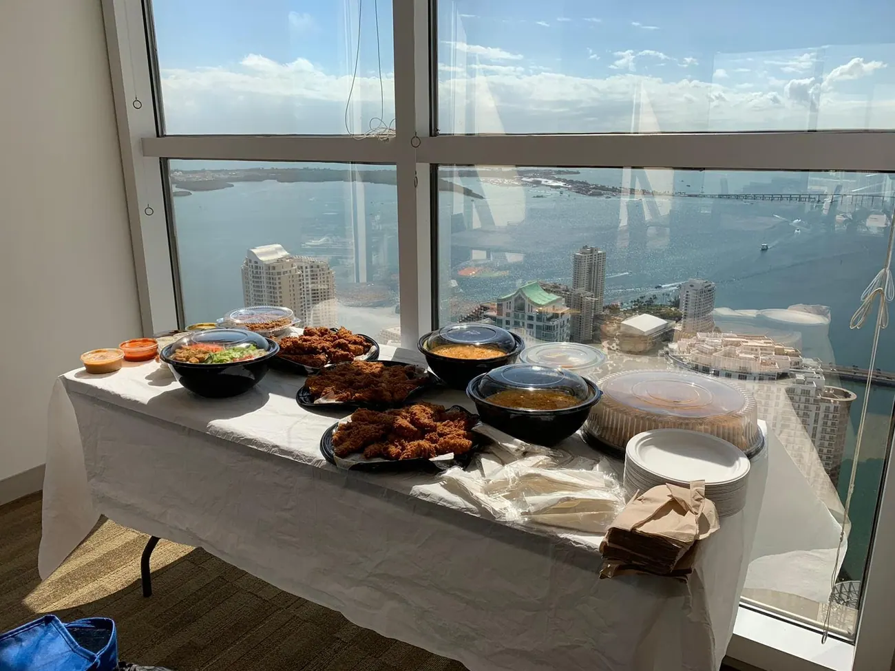 High-rise office catering with waterfront skyline view
